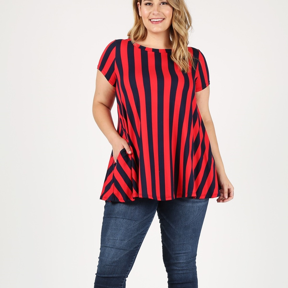 Plus Size Red Striped Tunic Top with Pockets